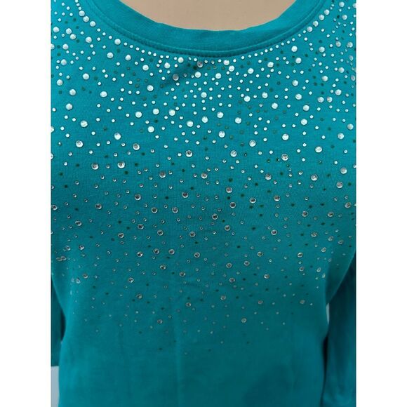 Ann Taylor Teal Embellished Rhinestone Scoop Neck Top Sparkly Evening Blouse S - Picture 3 of 4